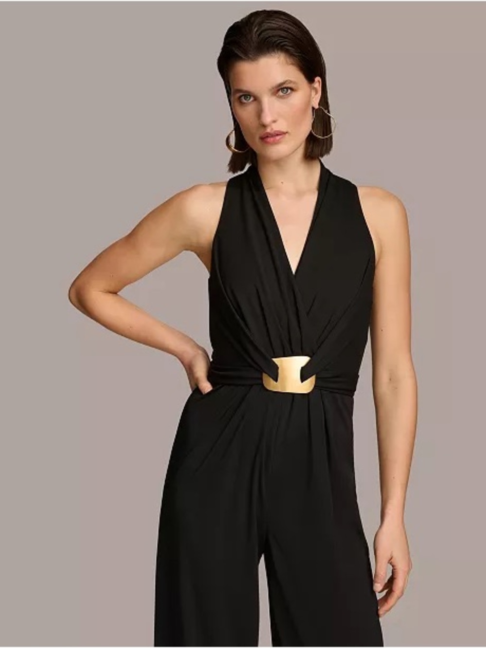 Donna Karan Black Sleeveless Draped Jumpsuit with Gold Logo Detail - Picture 3 of 9